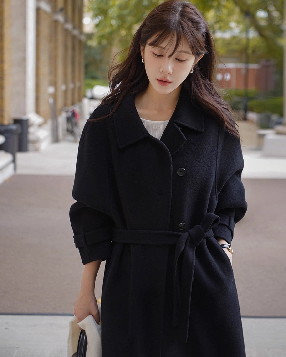 ベルト付きロングウールコート